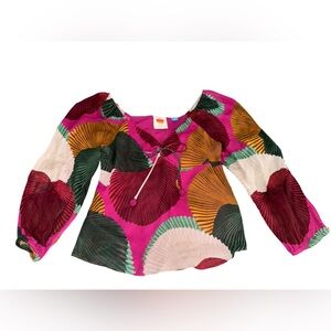 Farm Rio for Anthropologie XS Floral Puff Sleeve Top Pink Statement Blouse-flaw